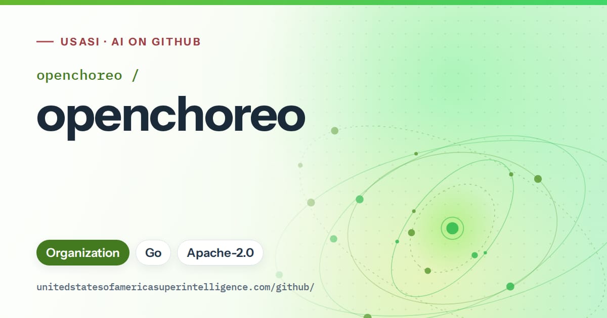 Generated green orbit artwork for openchoreo/openchoreo, labeled USASI · AI on GitHub, with Organization · Go · Apache-2.0.