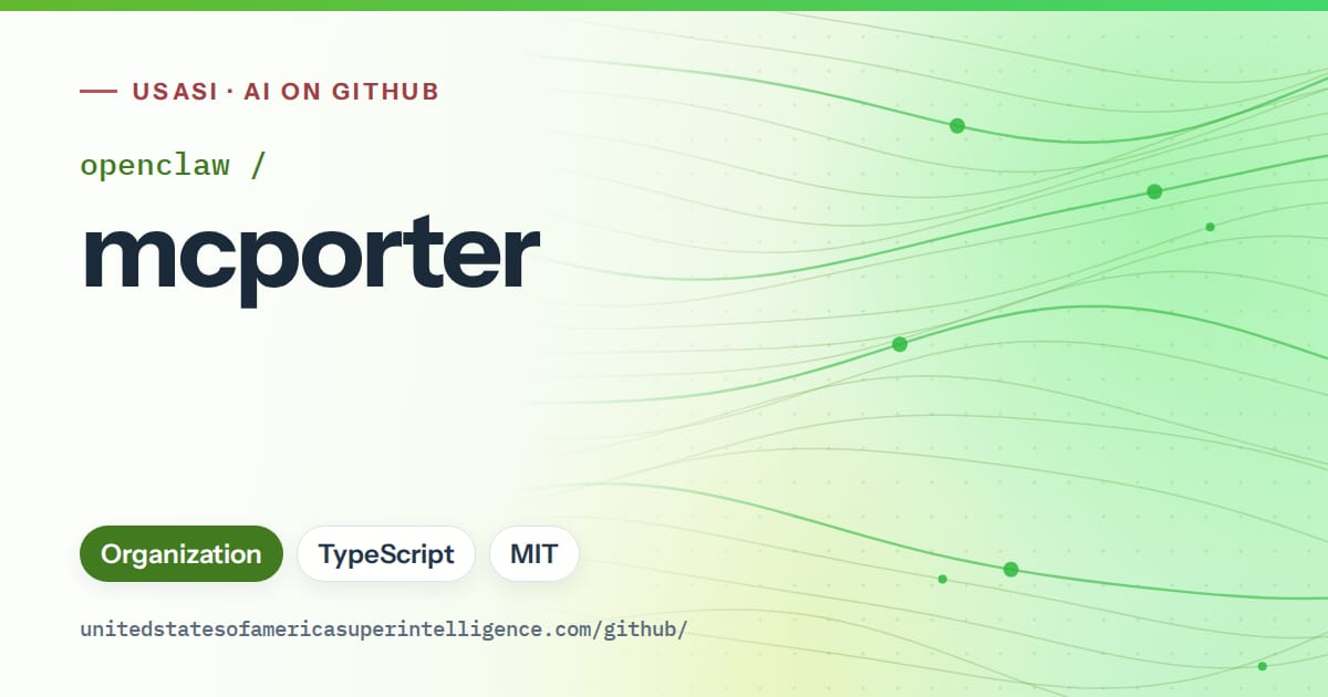 Generated green flowing-wave artwork for openclaw/mcporter, labeled USASI · AI on GitHub, with Organization · TypeScript · MIT.