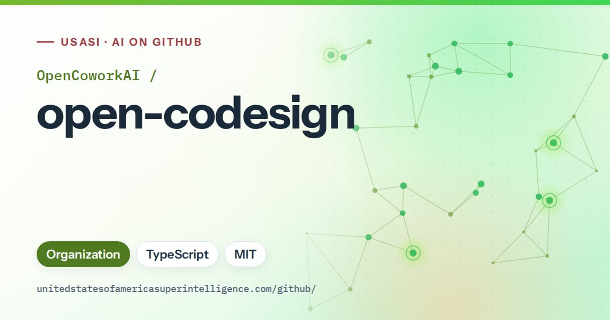 Generated green constellation network artwork for OpenCoworkAI/open-codesign, labeled USASI · AI on GitHub, with Organization · TypeScript · MIT.