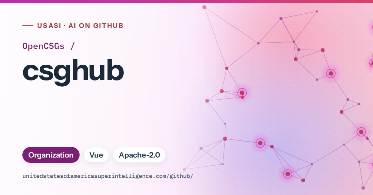 Generated purple constellation network artwork for OpenCSGs/csghub, labeled USASI · AI on GitHub, with Organization · Vue · Apache-2.0.