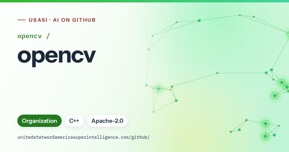 Generated green constellation network artwork for opencv/opencv, labeled USASI · AI on GitHub, with Organization · C++ · Apache-2.0.