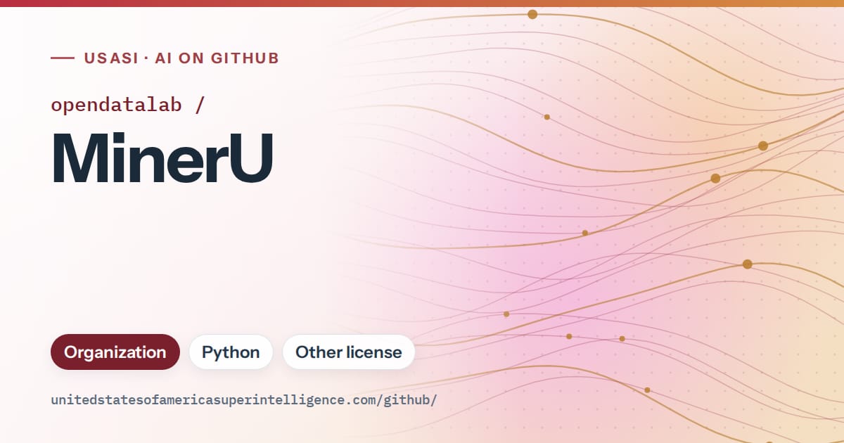 Generated red flowing-wave artwork for opendatalab/MinerU, labeled USASI · AI on GitHub, with Organization · Python · Other license.