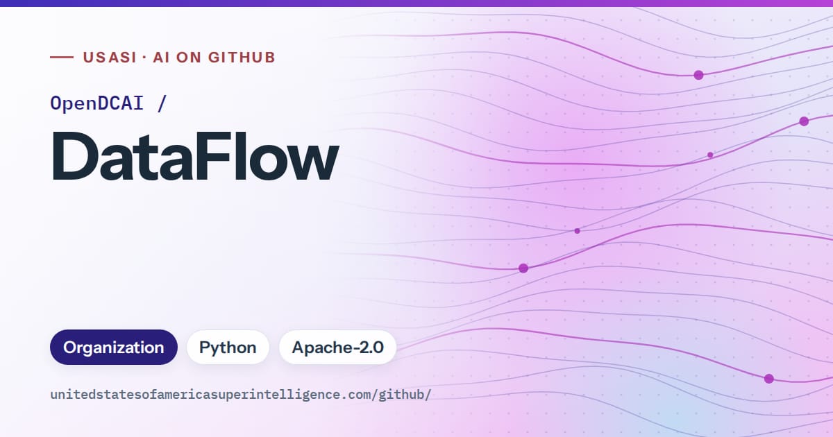 Generated blue flowing-wave artwork for OpenDCAI/DataFlow, labeled USASI · AI on GitHub, with Organization · Python · Apache-2.0.