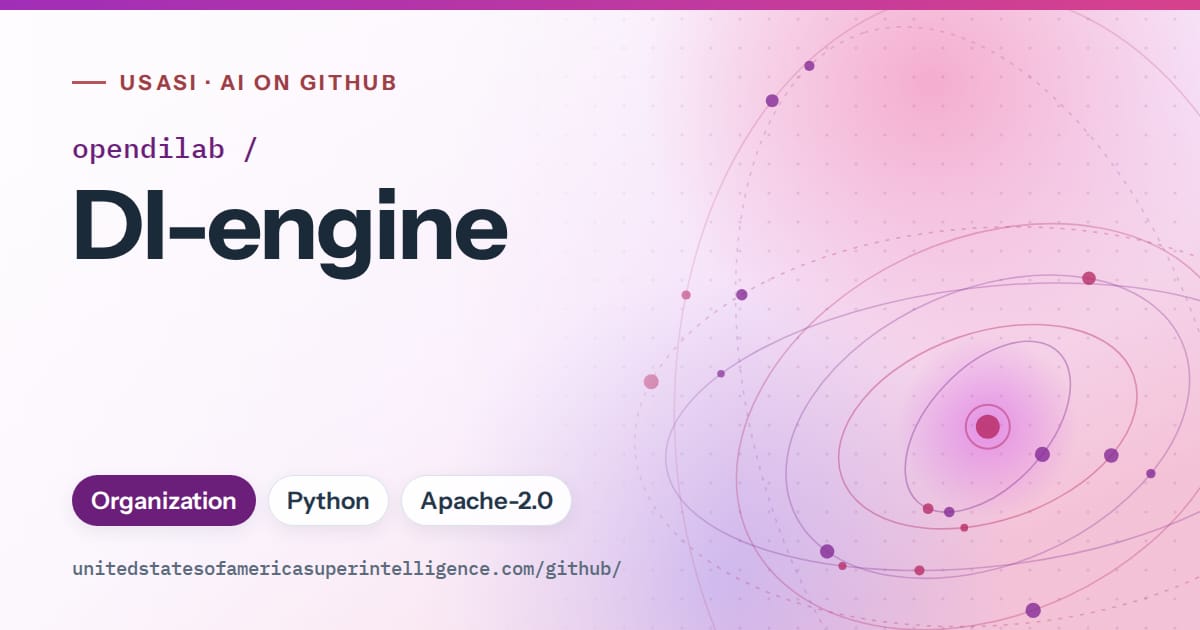 Generated purple orbit artwork for opendilab/DI-engine, labeled USASI · AI on GitHub, with Organization · Python · Apache-2.0.