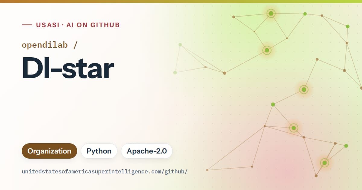 Generated orange constellation network artwork for opendilab/DI-star, labeled USASI · AI on GitHub, with Organization · Python · Apache-2.0.
