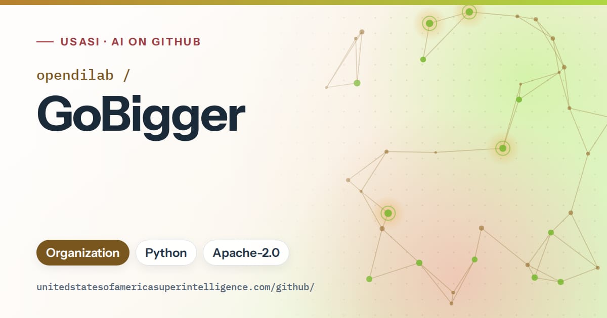 Generated orange constellation network artwork for opendilab/GoBigger, labeled USASI · AI on GitHub, with Organization · Python · Apache-2.0.