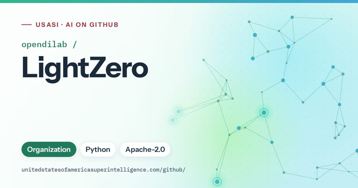 Generated teal constellation network artwork for opendilab/LightZero, labeled USASI · AI on GitHub, with Organization · Python · Apache-2.0.