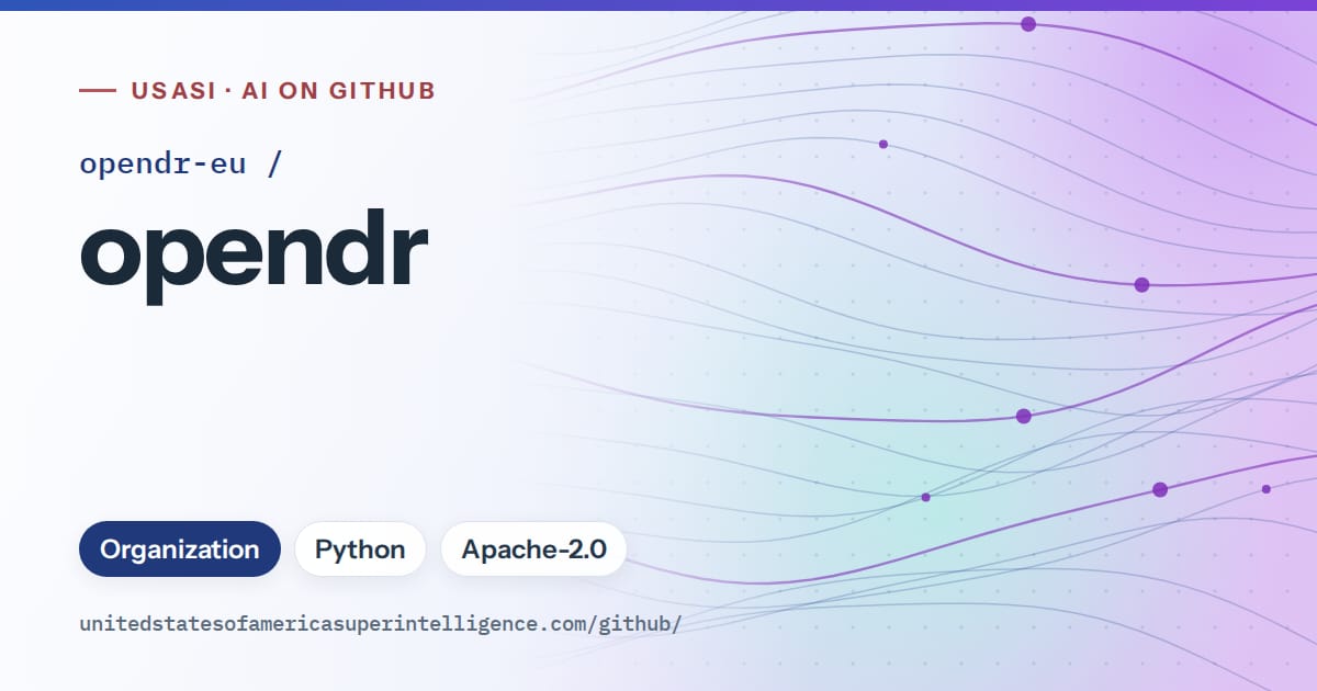Generated blue flowing-wave artwork for opendr-eu/opendr, labeled USASI · AI on GitHub, with Organization · Python · Apache-2.0.