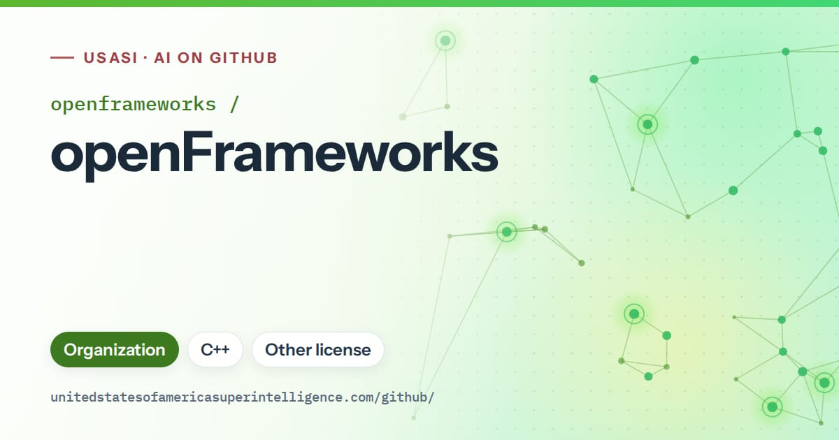 Generated green constellation network artwork for openframeworks/openFrameworks, labeled USASI · AI on GitHub, with Organization · C++ · Other license.