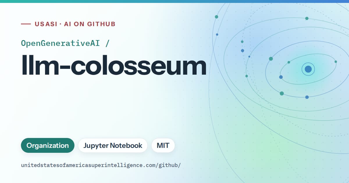 Generated teal orbit artwork for OpenGenerativeAI/llm-colosseum, labeled USASI · AI on GitHub, with Organization · Jupyter Notebook · MIT.