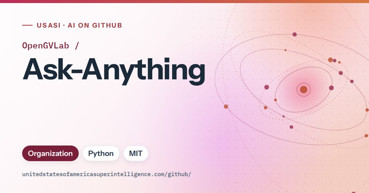 Generated pink orbit artwork for OpenGVLab/Ask-Anything, labeled USASI · AI on GitHub, with Organization · Python · MIT.
