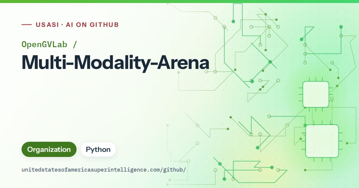 Generated green circuit-trace artwork for OpenGVLab/Multi-Modality-Arena, labeled USASI · AI on GitHub, with Organization · Python.