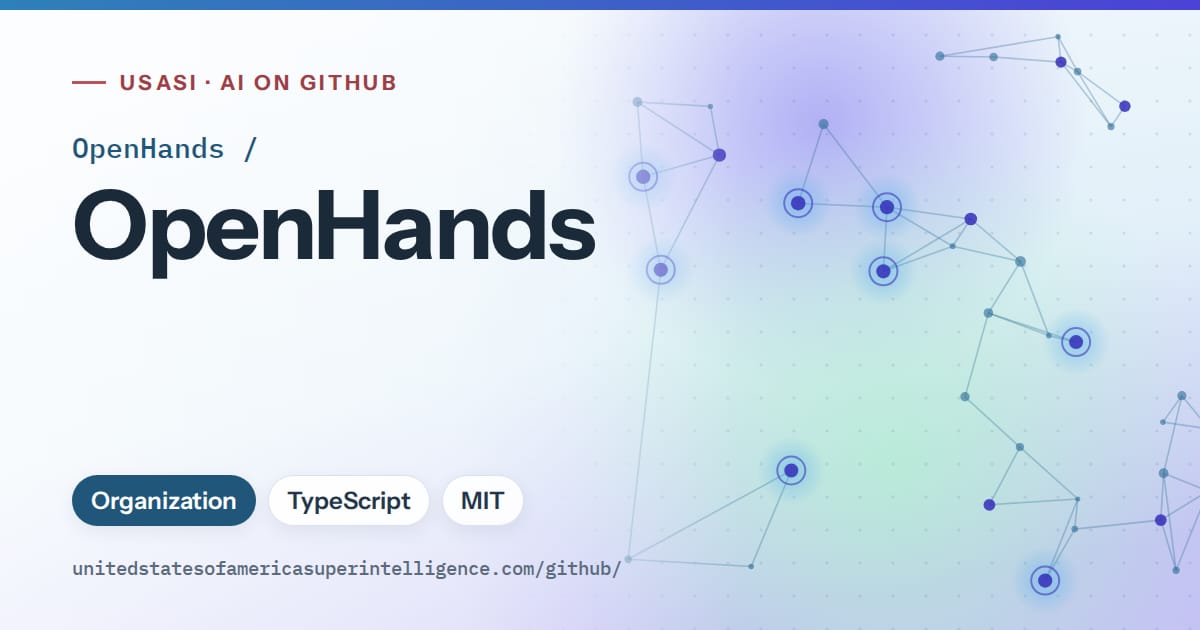 Generated sky blue constellation network artwork for OpenHands/OpenHands, labeled USASI · AI on GitHub, with Organization · TypeScript · MIT.