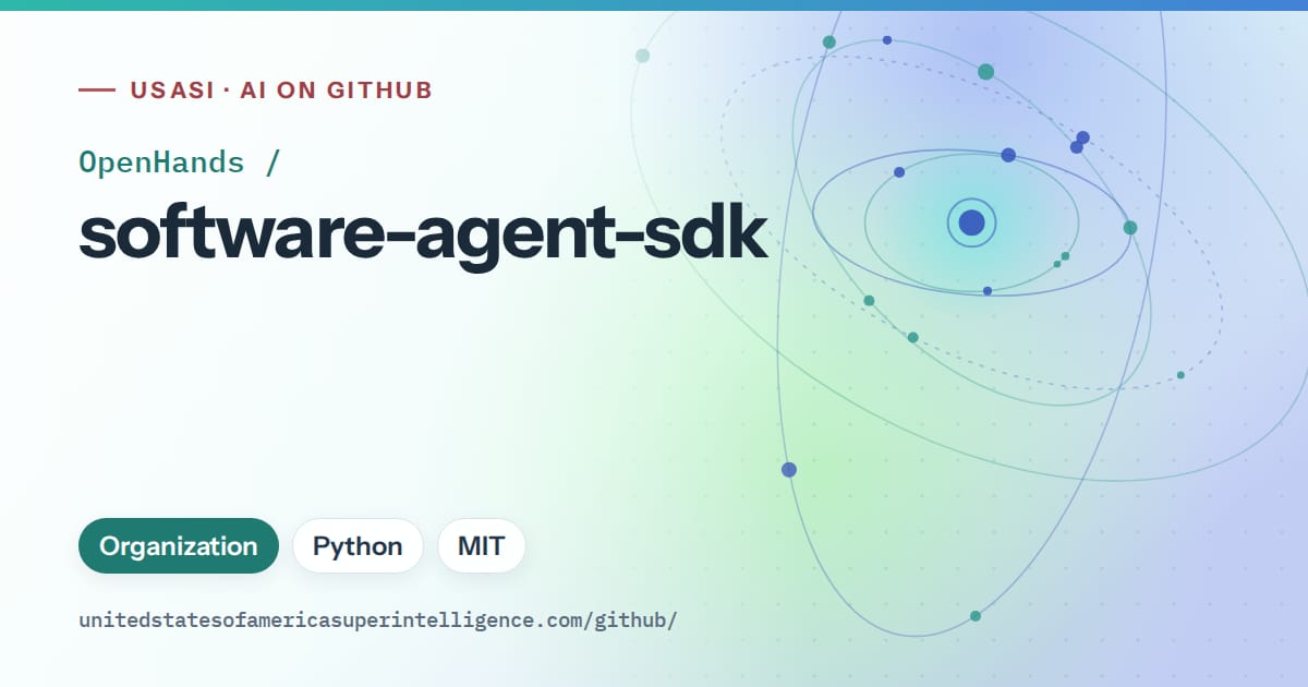 Generated teal orbit artwork for OpenHands/software-agent-sdk, labeled USASI · AI on GitHub, with Organization · Python · MIT.