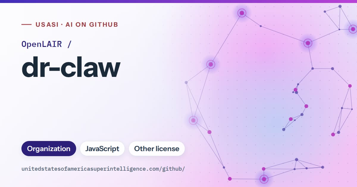 Generated blue constellation network artwork for OpenLAIR/dr-claw, labeled USASI · AI on GitHub, with Organization · JavaScript · Other license.