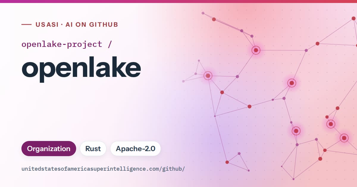 Generated purple constellation network artwork for openlake-project/openlake, labeled USASI · AI on GitHub, with Organization · Rust · Apache-2.0.