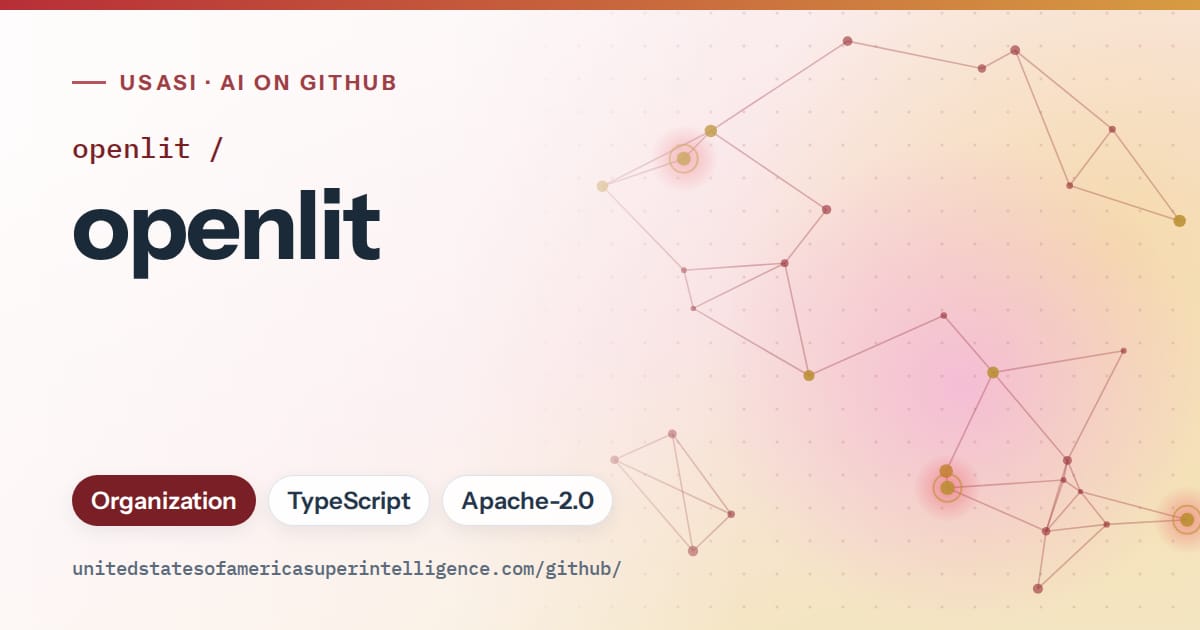 Generated red constellation network artwork for openlit/openlit, labeled USASI · AI on GitHub, with Organization · TypeScript · Apache-2.0.