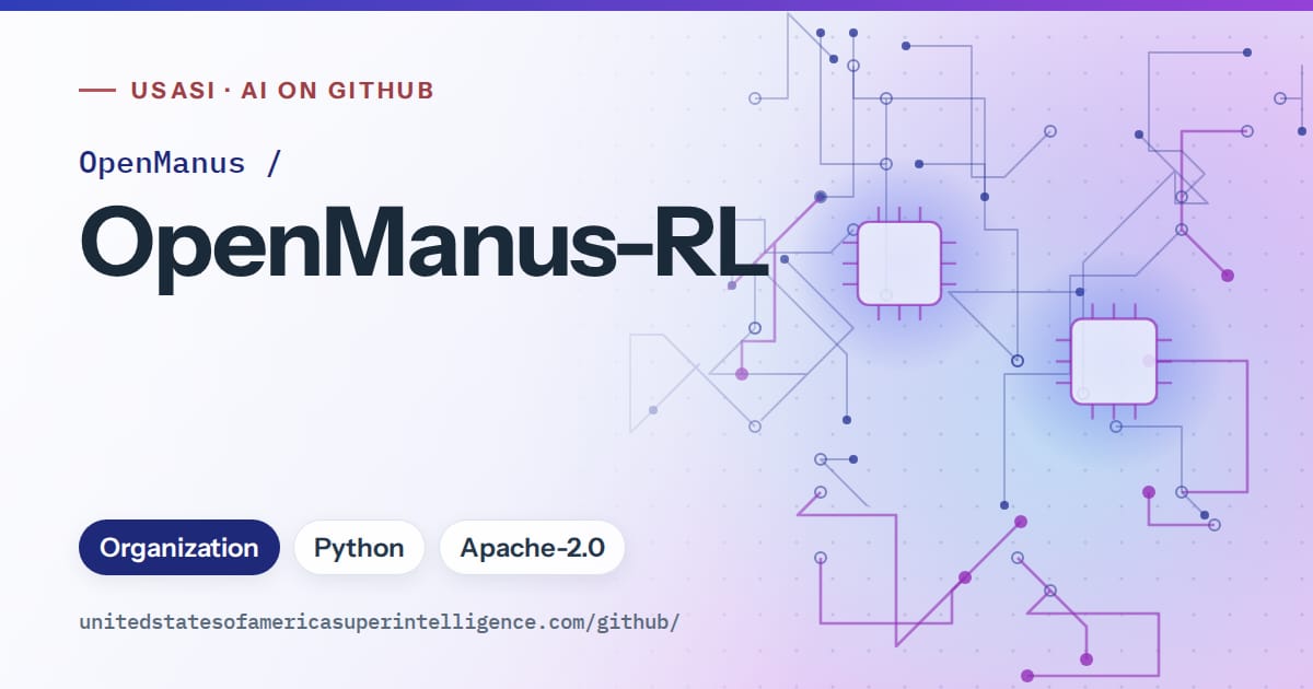 Generated blue circuit-trace artwork for OpenManus/OpenManus-RL, labeled USASI · AI on GitHub, with Organization · Python · Apache-2.0.