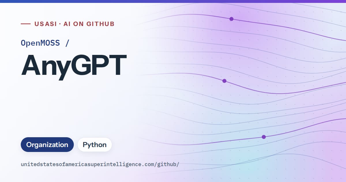 Generated blue flowing-wave artwork for OpenMOSS/AnyGPT, labeled USASI · AI on GitHub, with Organization · Python.