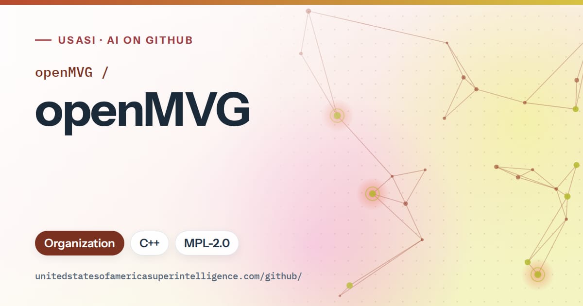 Generated red constellation network artwork for openMVG/openMVG, labeled USASI · AI on GitHub, with Organization · C++ · MPL-2.0.