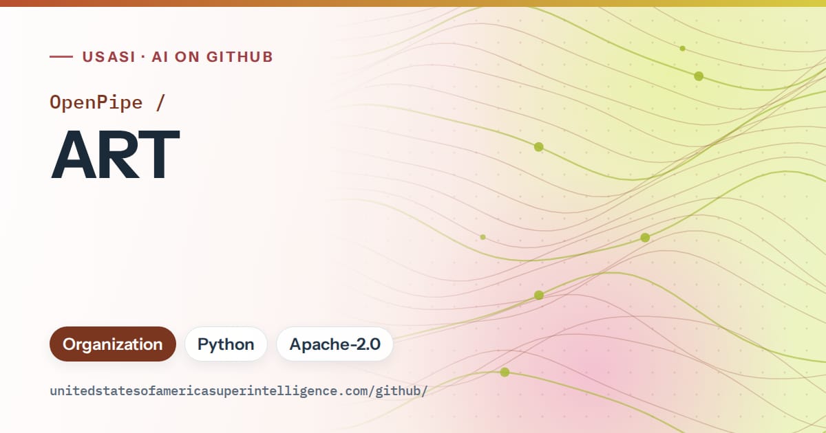 Generated orange flowing-wave artwork for OpenPipe/ART, labeled USASI · AI on GitHub, with Organization · Python · Apache-2.0.