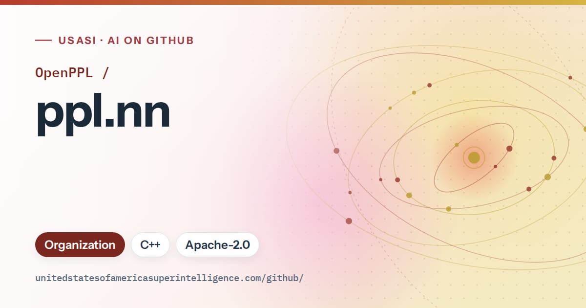 Generated red orbit artwork for OpenPPL/ppl.nn, labeled USASI · AI on GitHub, with Organization · C++ · Apache-2.0.