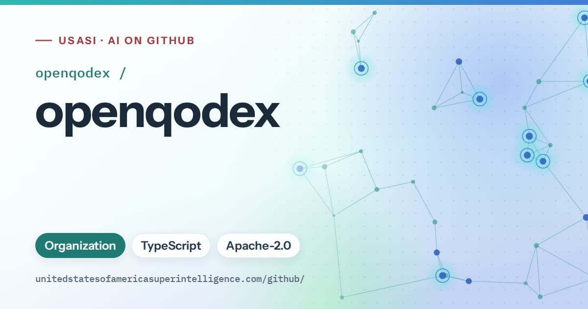 Generated teal constellation network artwork for openqodex/openqodex, labeled USASI · AI on GitHub, with Organization · TypeScript · Apache-2.0.