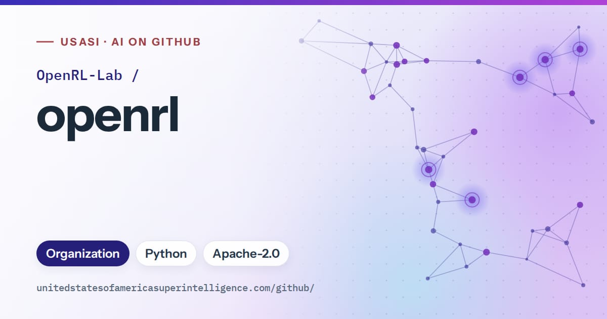 Generated blue constellation network artwork for OpenRL-Lab/openrl, labeled USASI · AI on GitHub, with Organization · Python · Apache-2.0.
