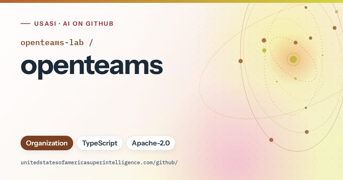 Generated orange orbit artwork for openteams-lab/openteams, labeled USASI · AI on GitHub, with Organization · TypeScript · Apache-2.0.