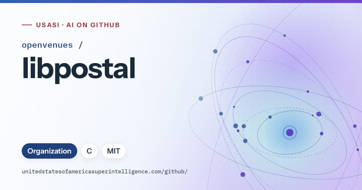 Generated blue orbit artwork for openvenues/libpostal, labeled USASI · AI on GitHub, with Organization · C · MIT.