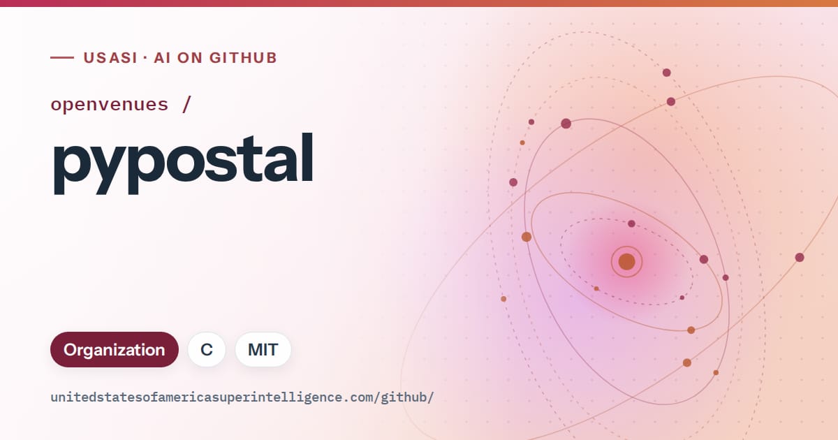 Generated pink orbit artwork for openvenues/pypostal, labeled USASI · AI on GitHub, with Organization · C · MIT.