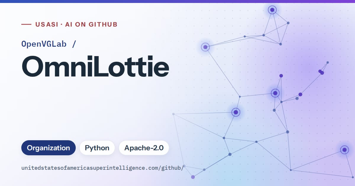 Generated blue constellation network artwork for OpenVGLab/OmniLottie, labeled USASI · AI on GitHub, with Organization · Python · Apache-2.0.