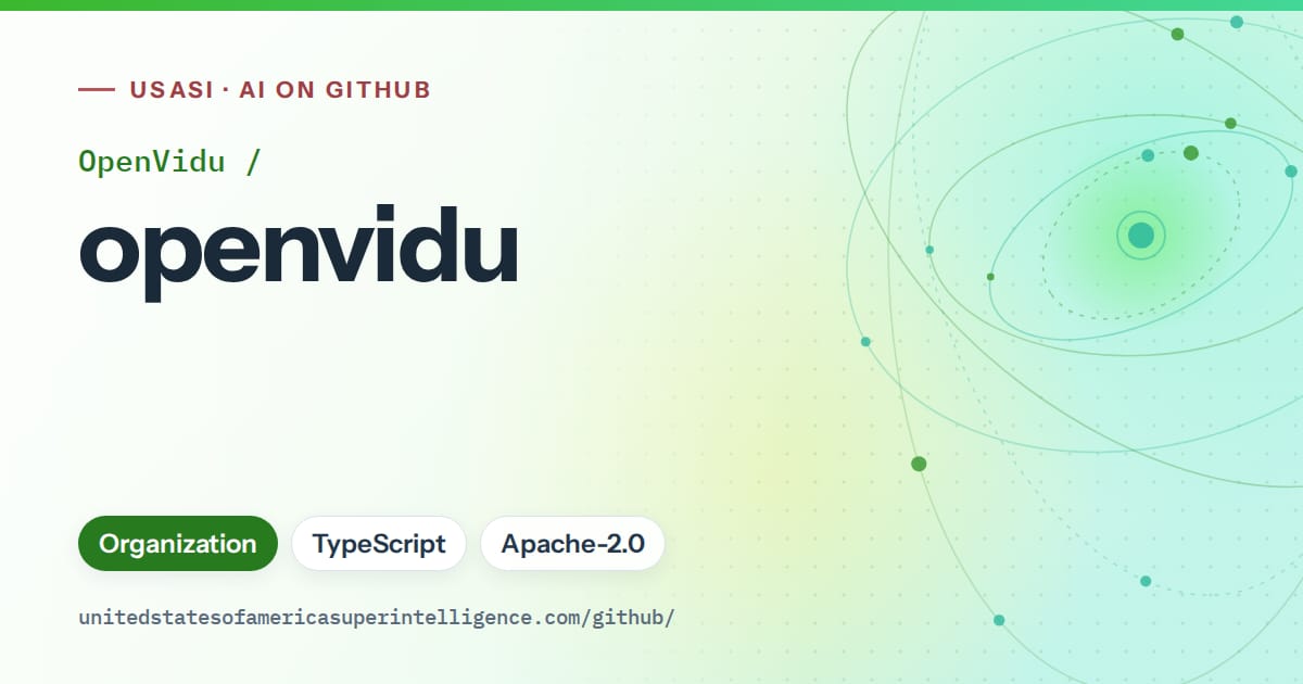 Generated green orbit artwork for OpenVidu/openvidu, labeled USASI · AI on GitHub, with Organization · TypeScript · Apache-2.0.