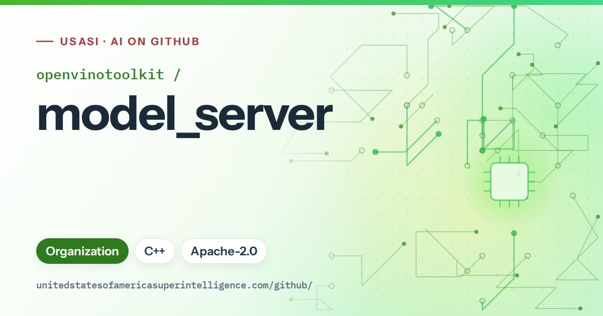 Generated green circuit-trace artwork for openvinotoolkit/model_server, labeled USASI · AI on GitHub, with Organization · C++ · Apache-2.0.