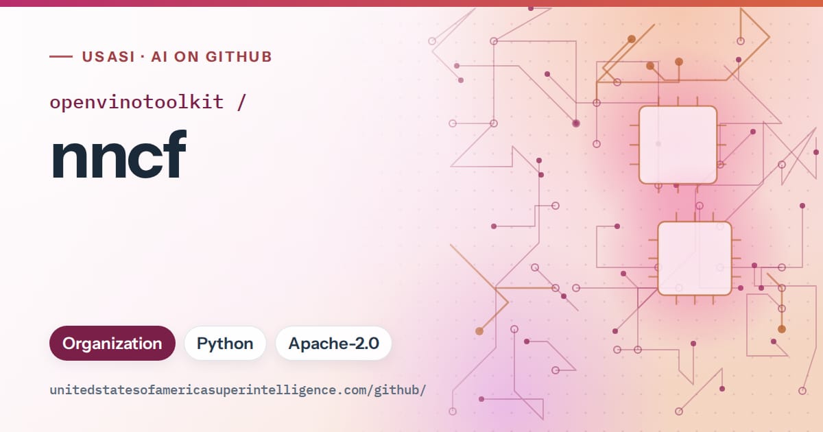 Generated pink circuit-trace artwork for openvinotoolkit/nncf, labeled USASI · AI on GitHub, with Organization · Python · Apache-2.0.