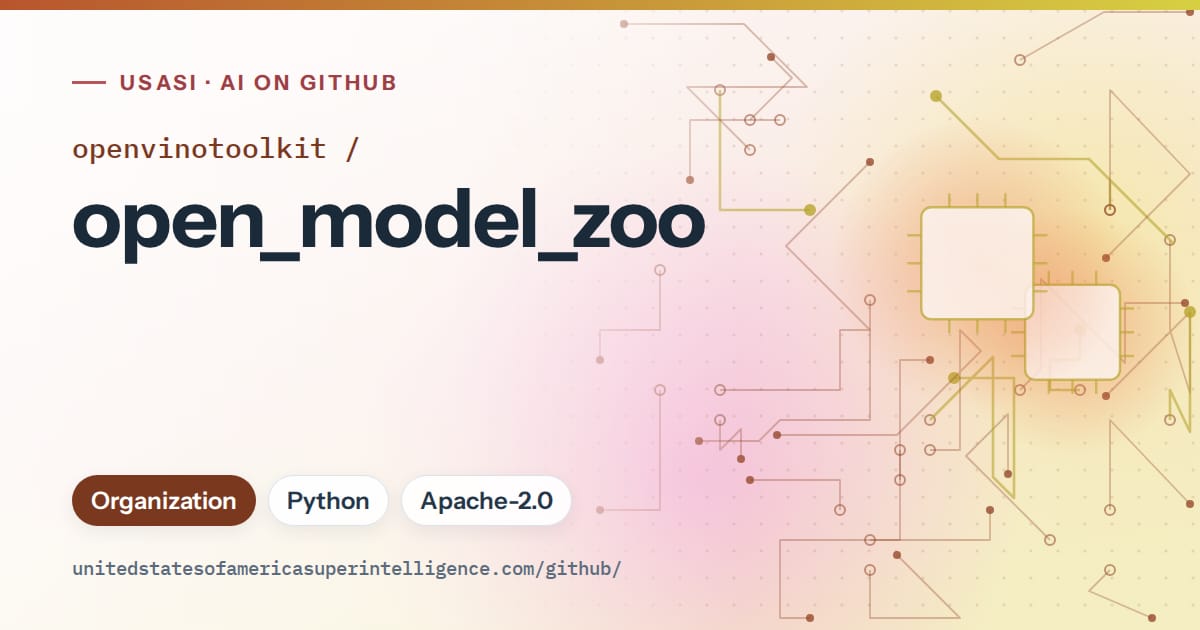 Generated orange circuit-trace artwork for openvinotoolkit/open_model_zoo, labeled USASI · AI on GitHub, with Organization · Python · Apache-2.0.