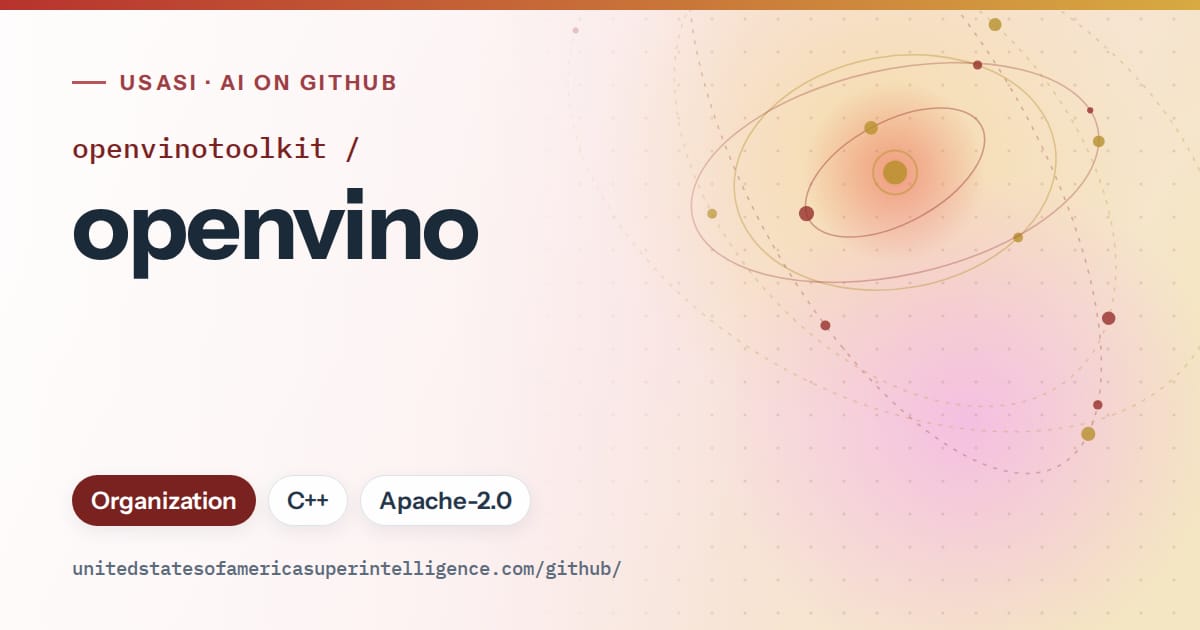 Generated red orbit artwork for openvinotoolkit/openvino, labeled USASI · AI on GitHub, with Organization · C++ · Apache-2.0.