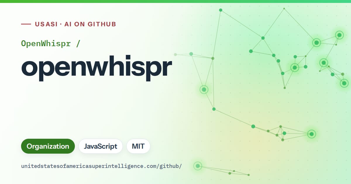 Generated green constellation network artwork for OpenWhispr/openwhispr, labeled USASI · AI on GitHub, with Organization · JavaScript · MIT.
