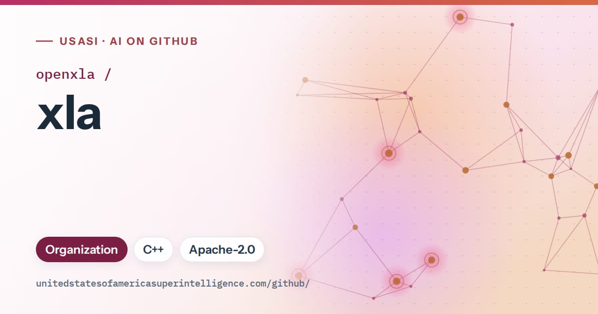 Generated pink constellation network artwork for openxla/xla, labeled USASI · AI on GitHub, with Organization · C++ · Apache-2.0.