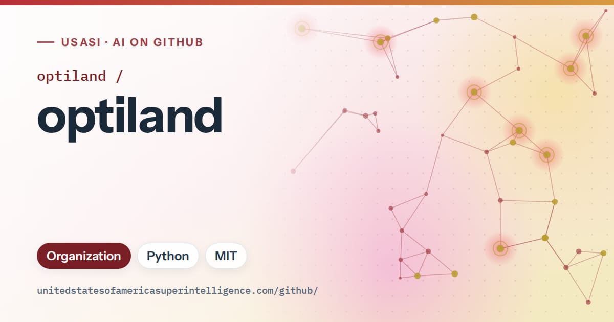 Generated red constellation network artwork for optiland/optiland, labeled USASI · AI on GitHub, with Organization · Python · MIT.