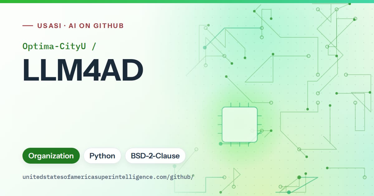 Generated green circuit-trace artwork for Optima-CityU/LLM4AD, labeled USASI · AI on GitHub, with Organization · Python · BSD-2-Clause.