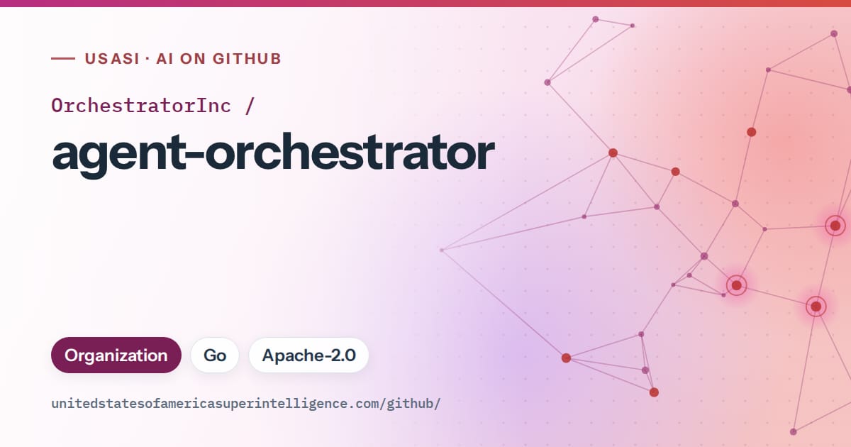Generated pink constellation network artwork for OrchestratorInc/agent-orchestrator, labeled USASI · AI on GitHub, with Organization · Go · Apache-2.0.