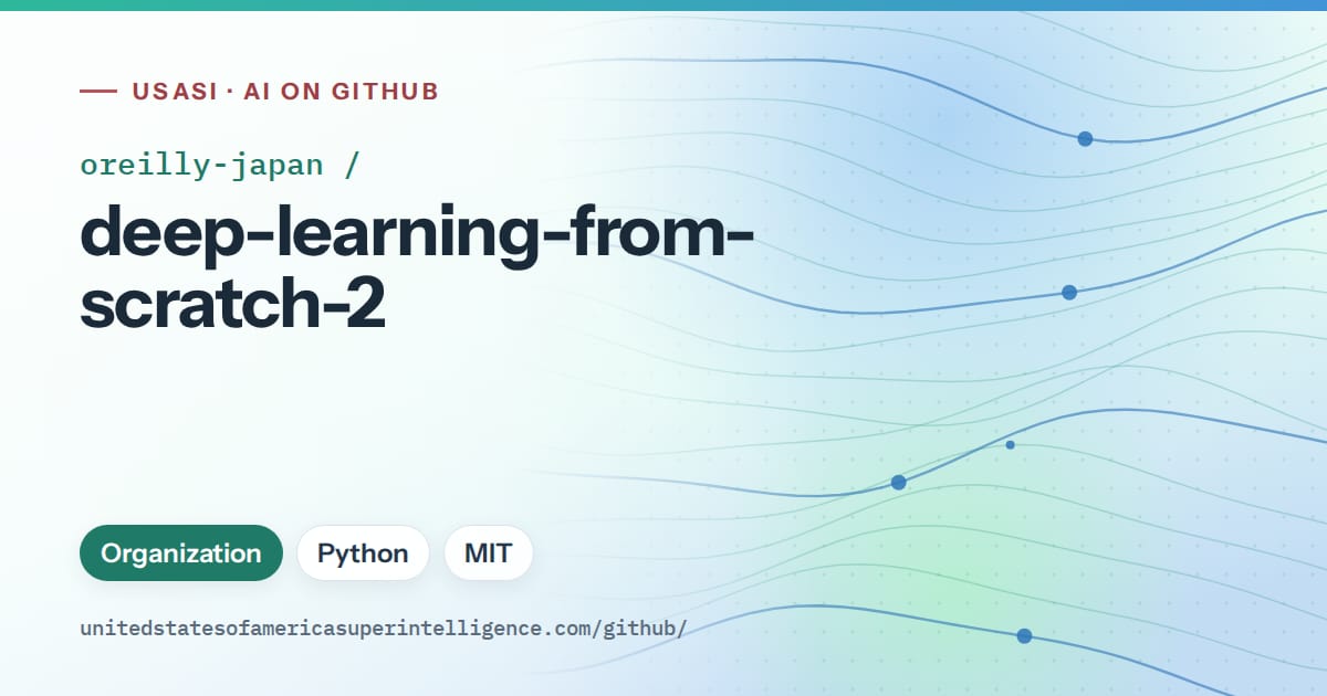 Generated teal flowing-wave artwork for oreilly-japan/deep-learning-from-scratch-2, labeled USASI · AI on GitHub, with Organization · Python · MIT.