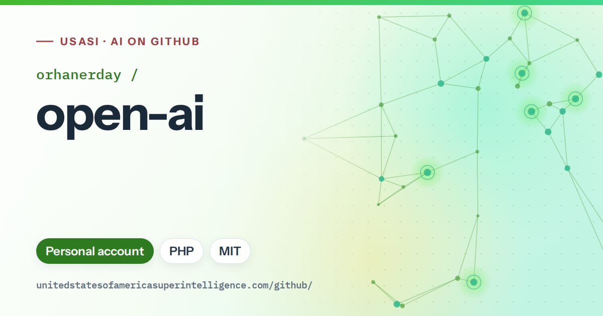 Generated green constellation network artwork for orhanerday/open-ai, labeled USASI · AI on GitHub, with Personal account · PHP · MIT.