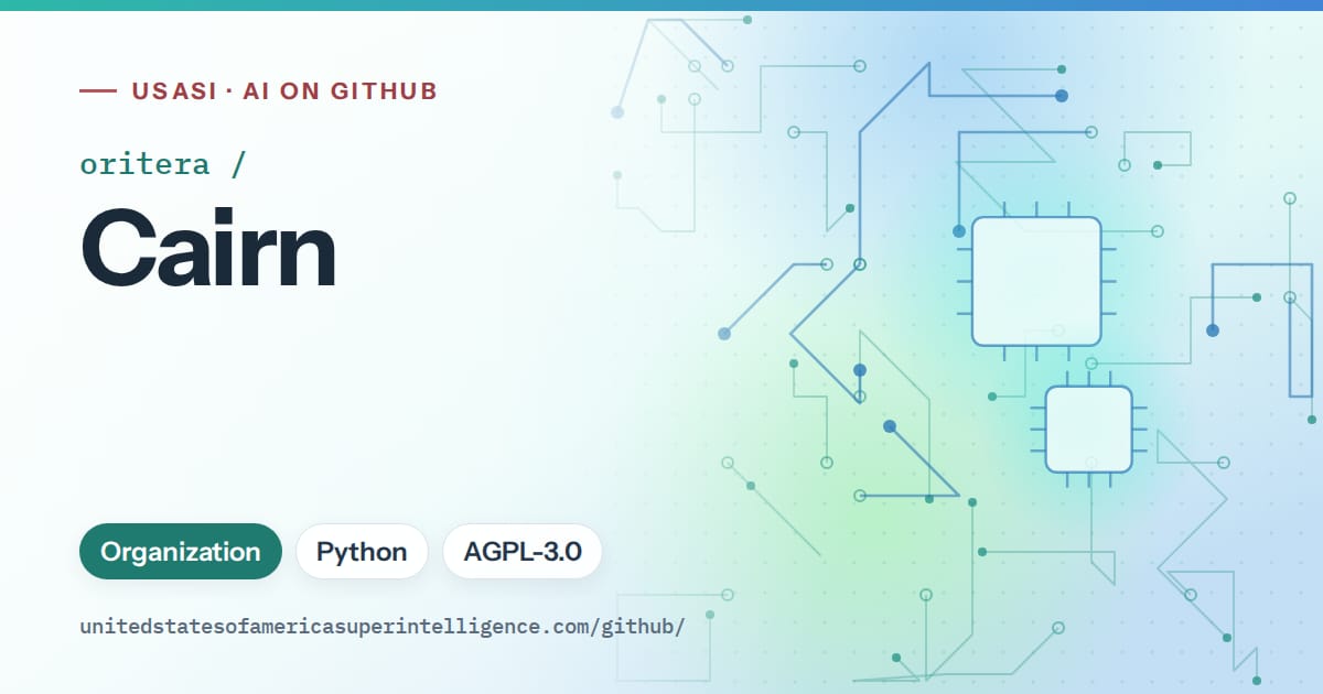 Generated teal circuit-trace artwork for oritera/Cairn, labeled USASI · AI on GitHub, with Organization · Python · AGPL-3.0.