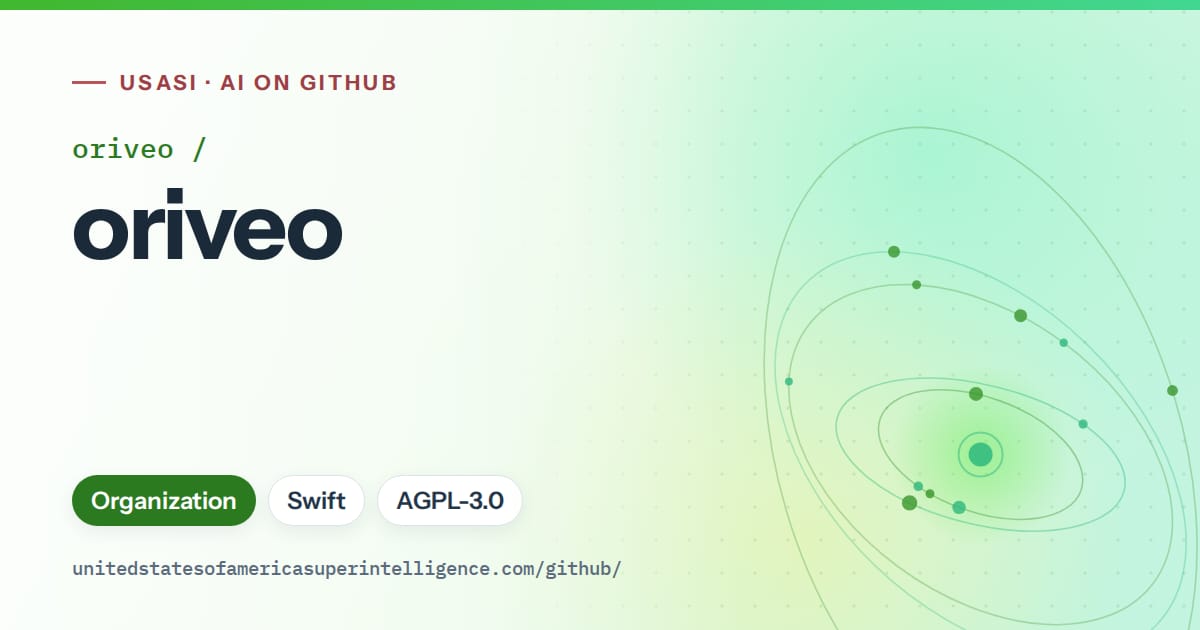 Generated green orbit artwork for oriveo/oriveo, labeled USASI · AI on GitHub, with Organization · Swift · AGPL-3.0.