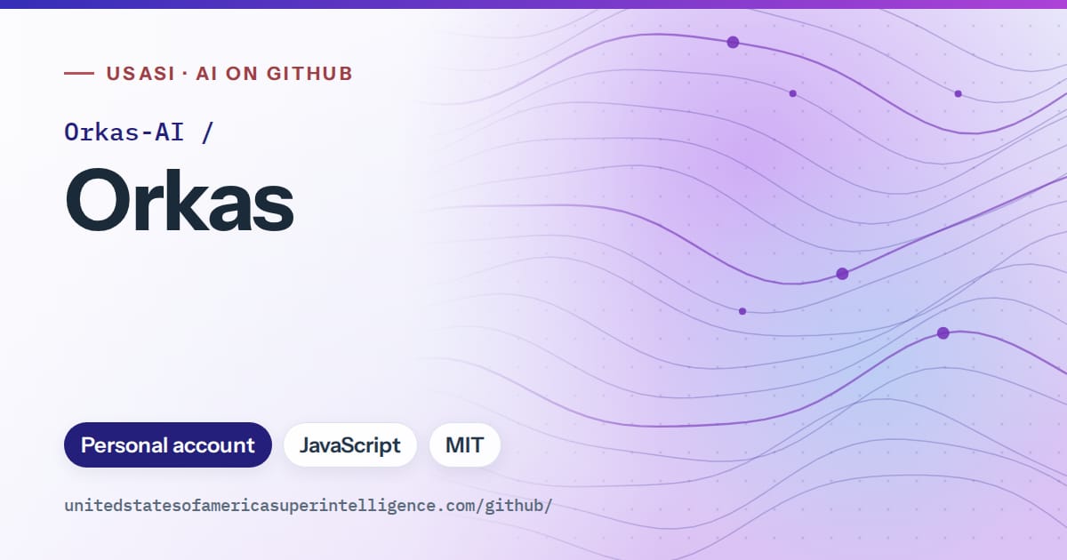 Generated blue flowing-wave artwork for Orkas-AI/Orkas, labeled USASI · AI on GitHub, with Personal account · JavaScript · MIT.