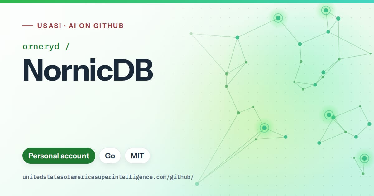 Generated green constellation network artwork for orneryd/NornicDB, labeled USASI · AI on GitHub, with Personal account · Go · MIT.