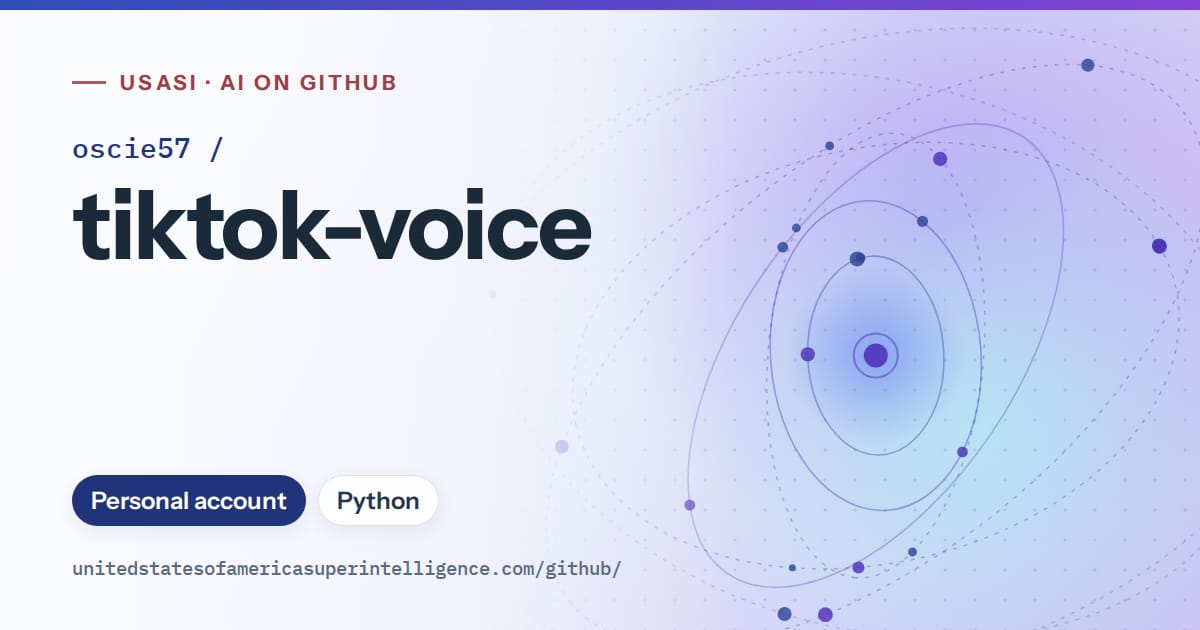 Generated blue orbit artwork for oscie57/tiktok-voice, labeled USASI · AI on GitHub, with Personal account · Python.