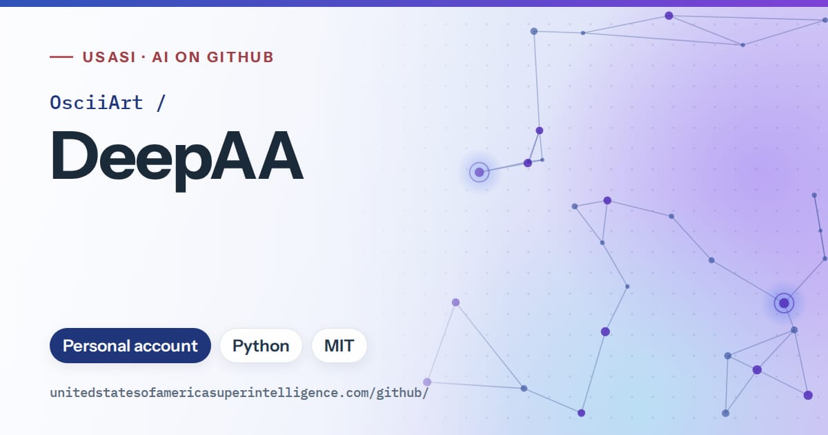 Generated blue constellation network artwork for OsciiArt/DeepAA, labeled USASI · AI on GitHub, with Personal account · Python · MIT.